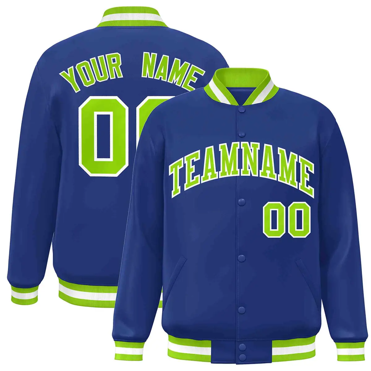 Royal Neon Green-White Varsity Full-Snap Letterman Jacket