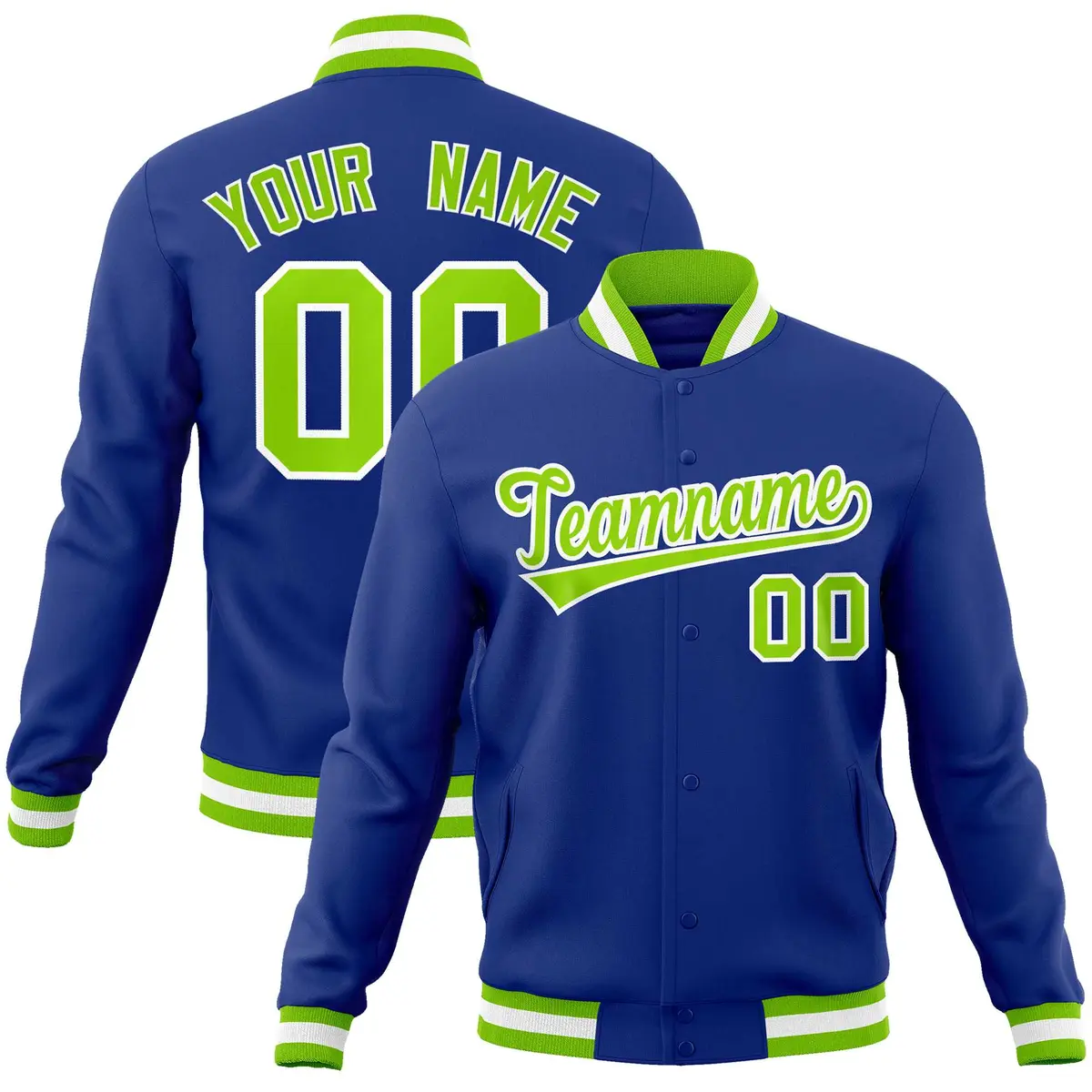 Royal Neon Green-White Varsity Full-Snap Letterman Jacket