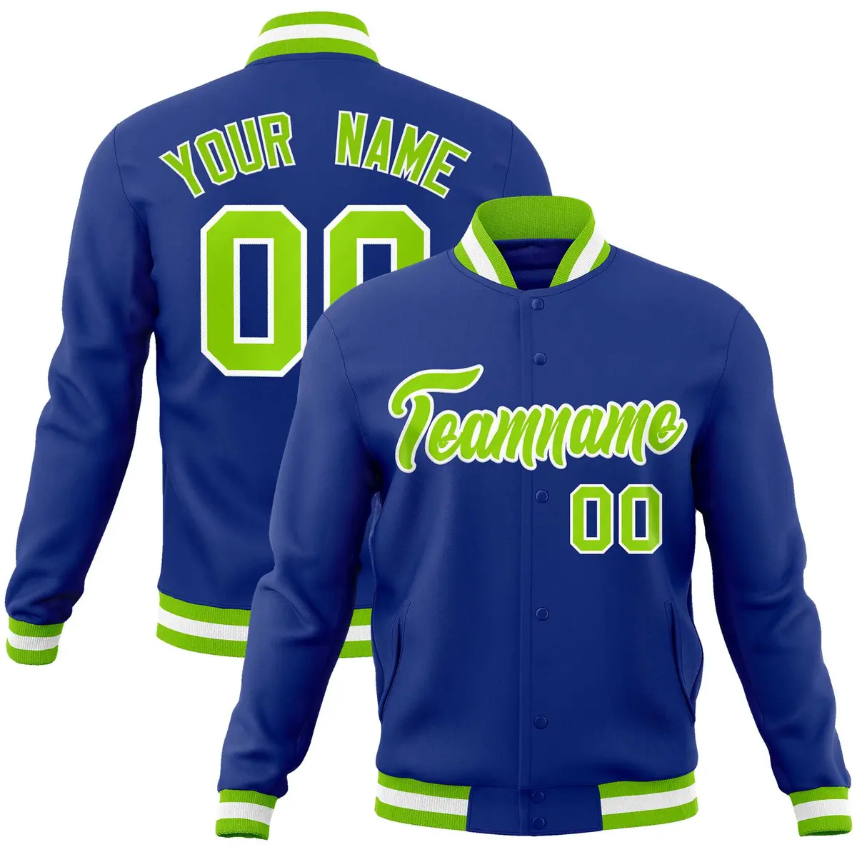 Royal Neon Green-White Varsity Full-Snap Letterman Jacket