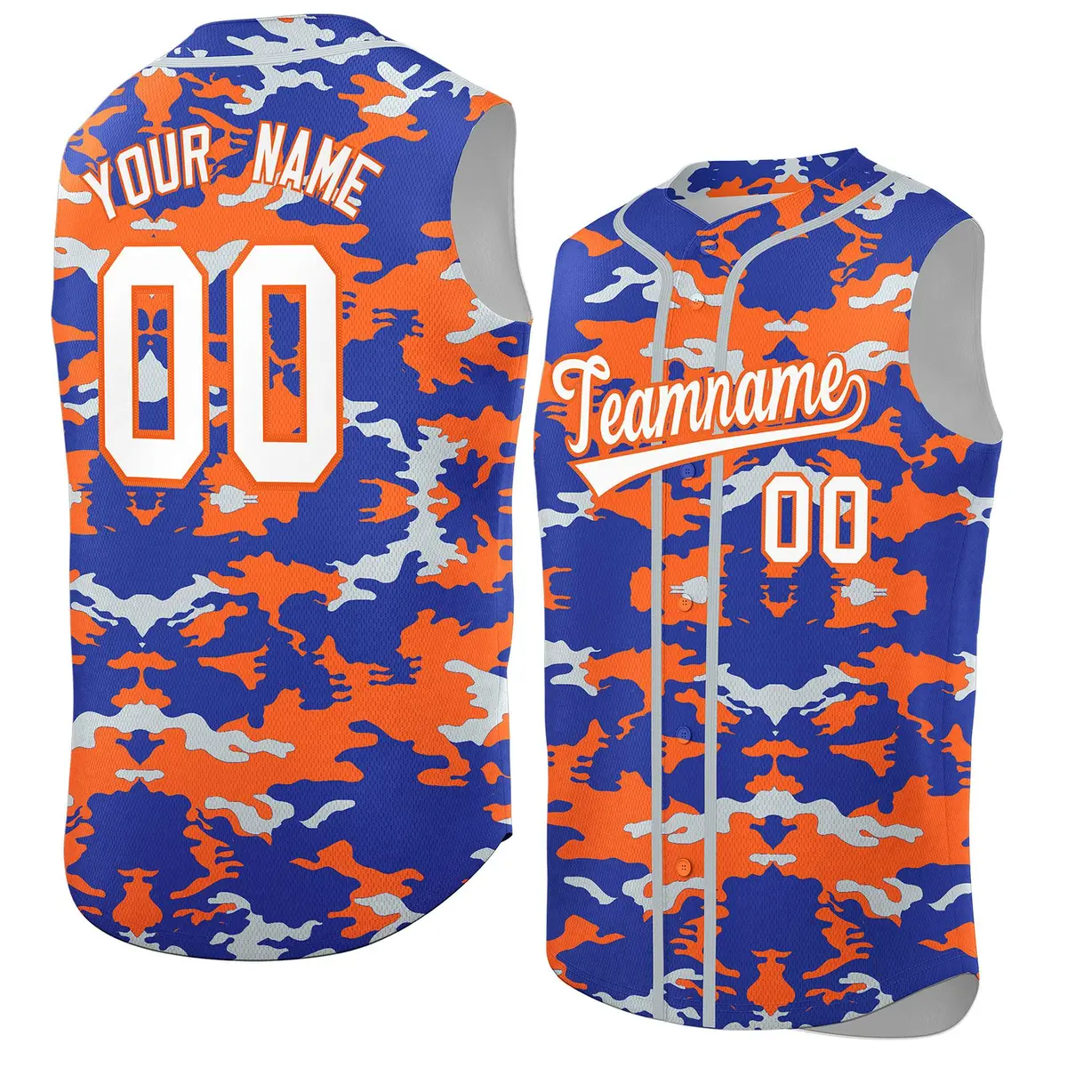 Royal Orange and Silver Camo Sleeveless Baseball Jersey