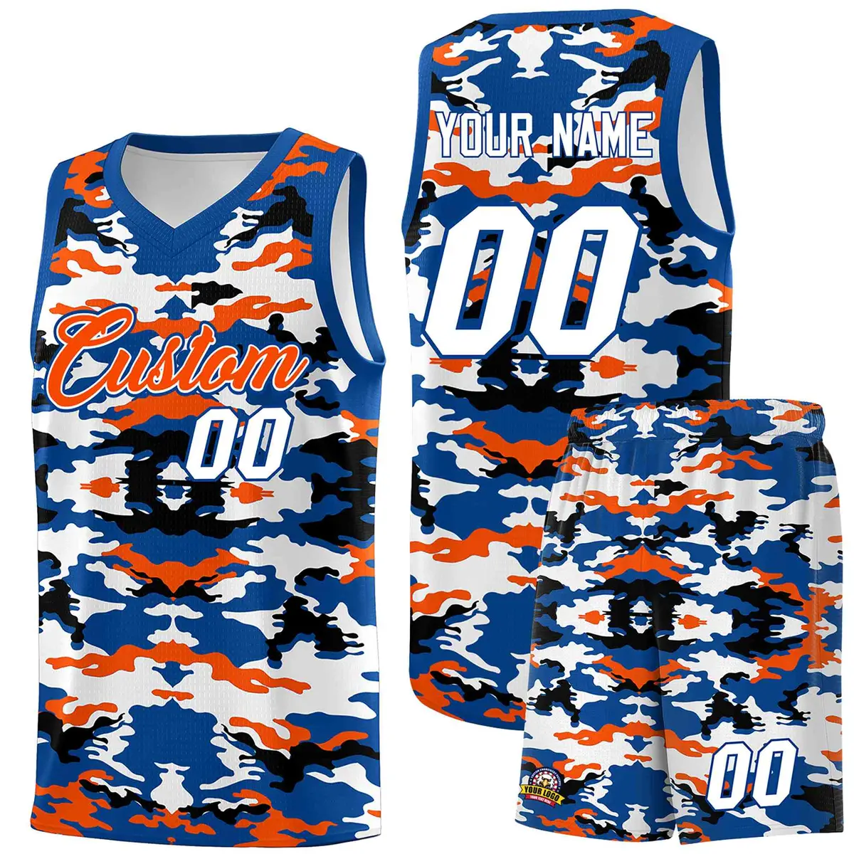 Royal Orange-Black-White Camo Basketball Jersey