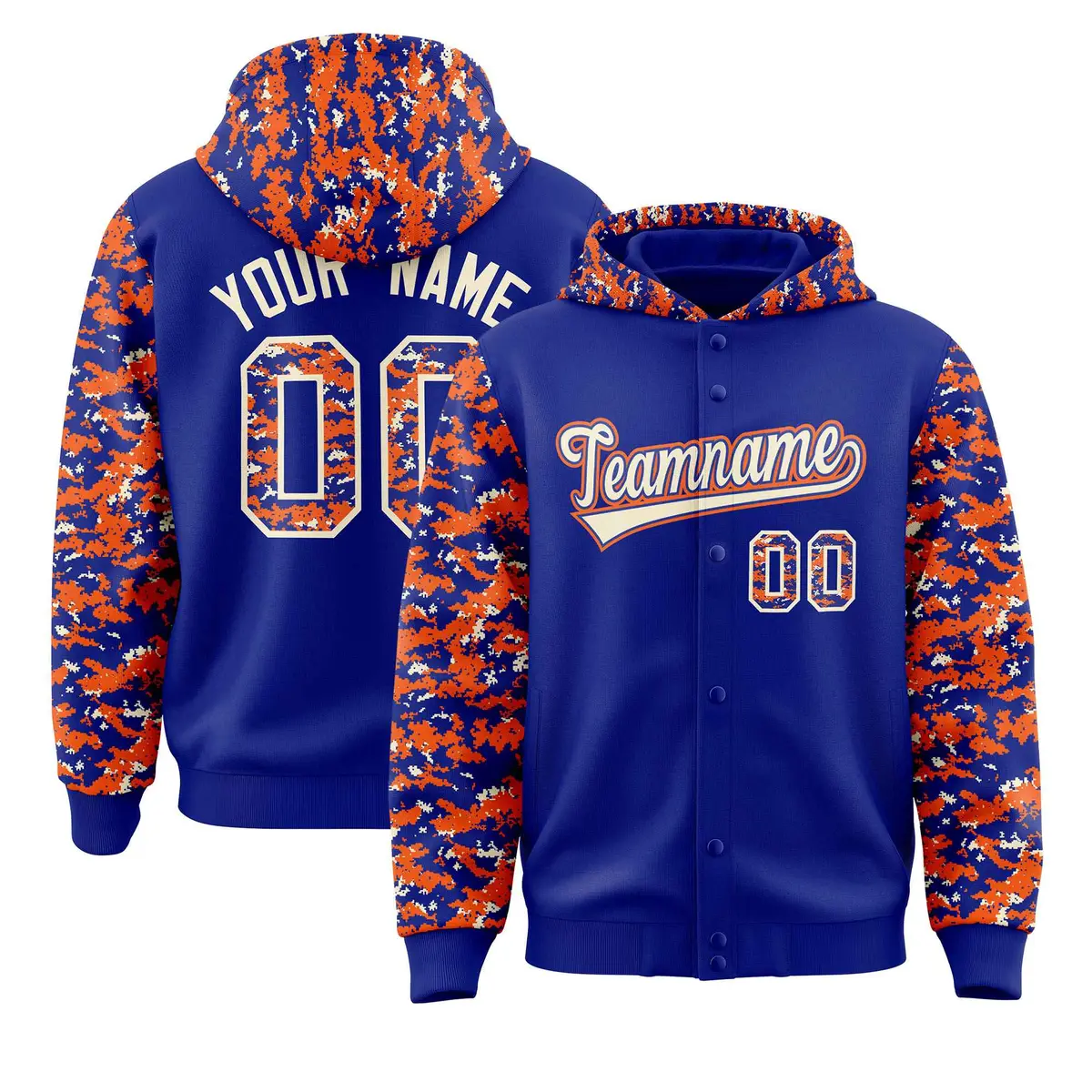 Royal Orange-Cream Camo Raglan Varsity Letterman Hoodie Jacket