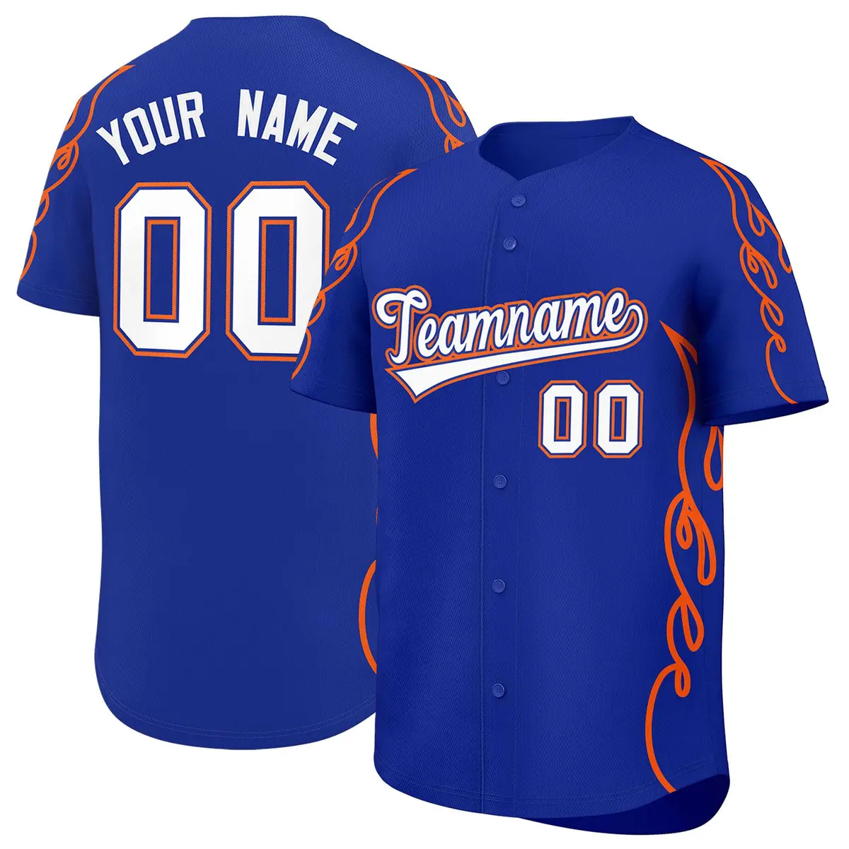 Royal Orange Flame Outline Side Baseball Jersey