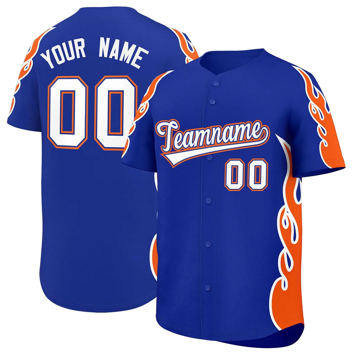 Royal Orange Flame Outline Side Baseball Jersey