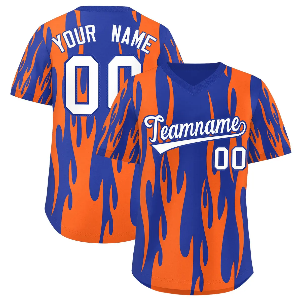 Royal Orange Flame Pattern Pullover Baseball Jersey