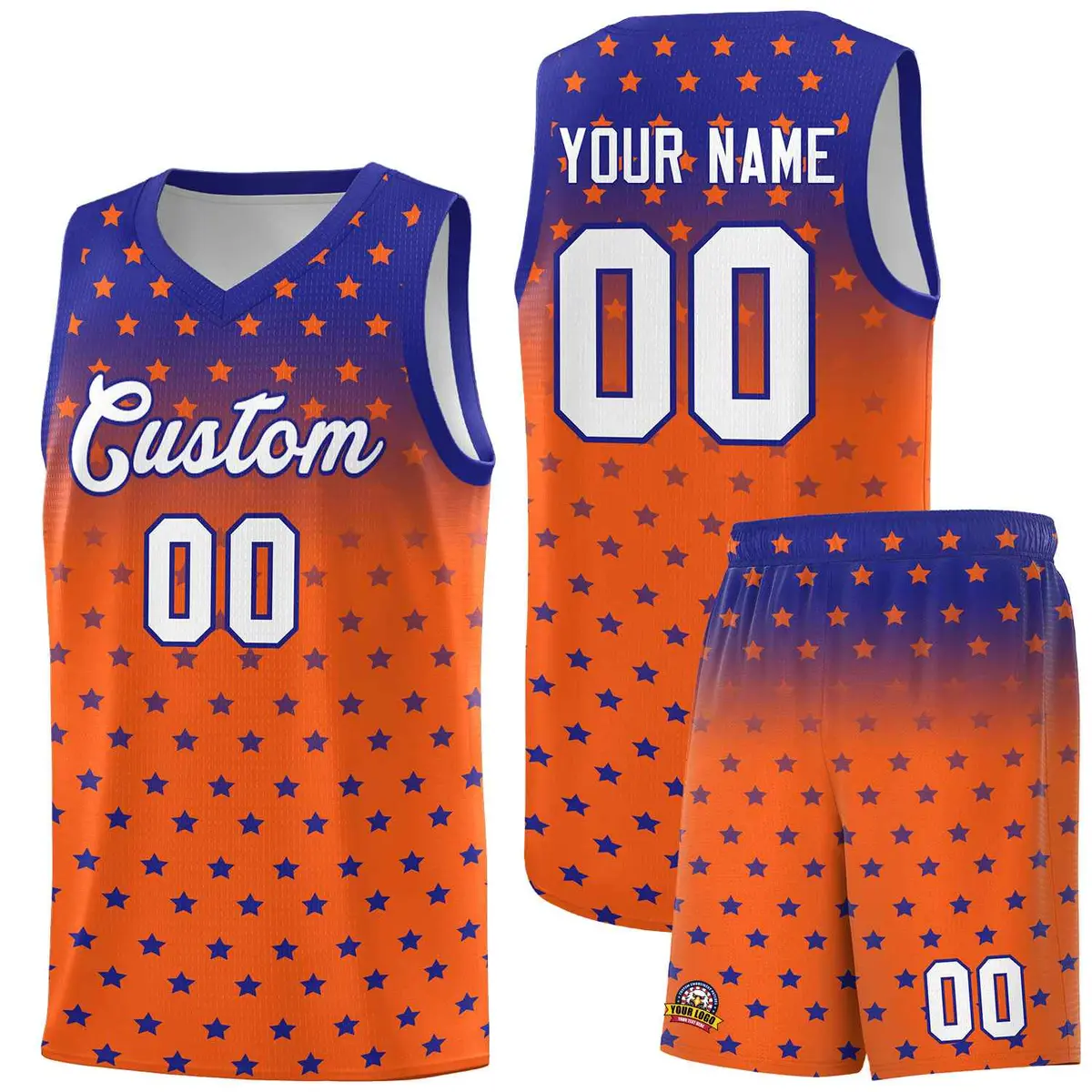 Royal Orange Gradient Star Pattern Basketball Jersey Sets