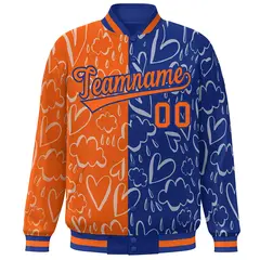 Royal Orange Graffiti Pattern Split Letterman Bomber Baseball Jacket 3