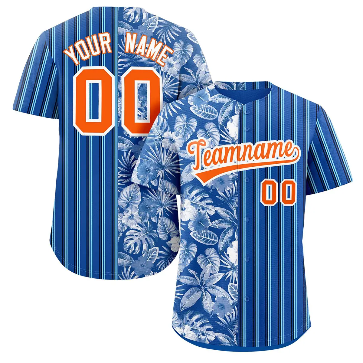 Royal Orange Hawaii Tropical Flower Stripe Baseball Jersey