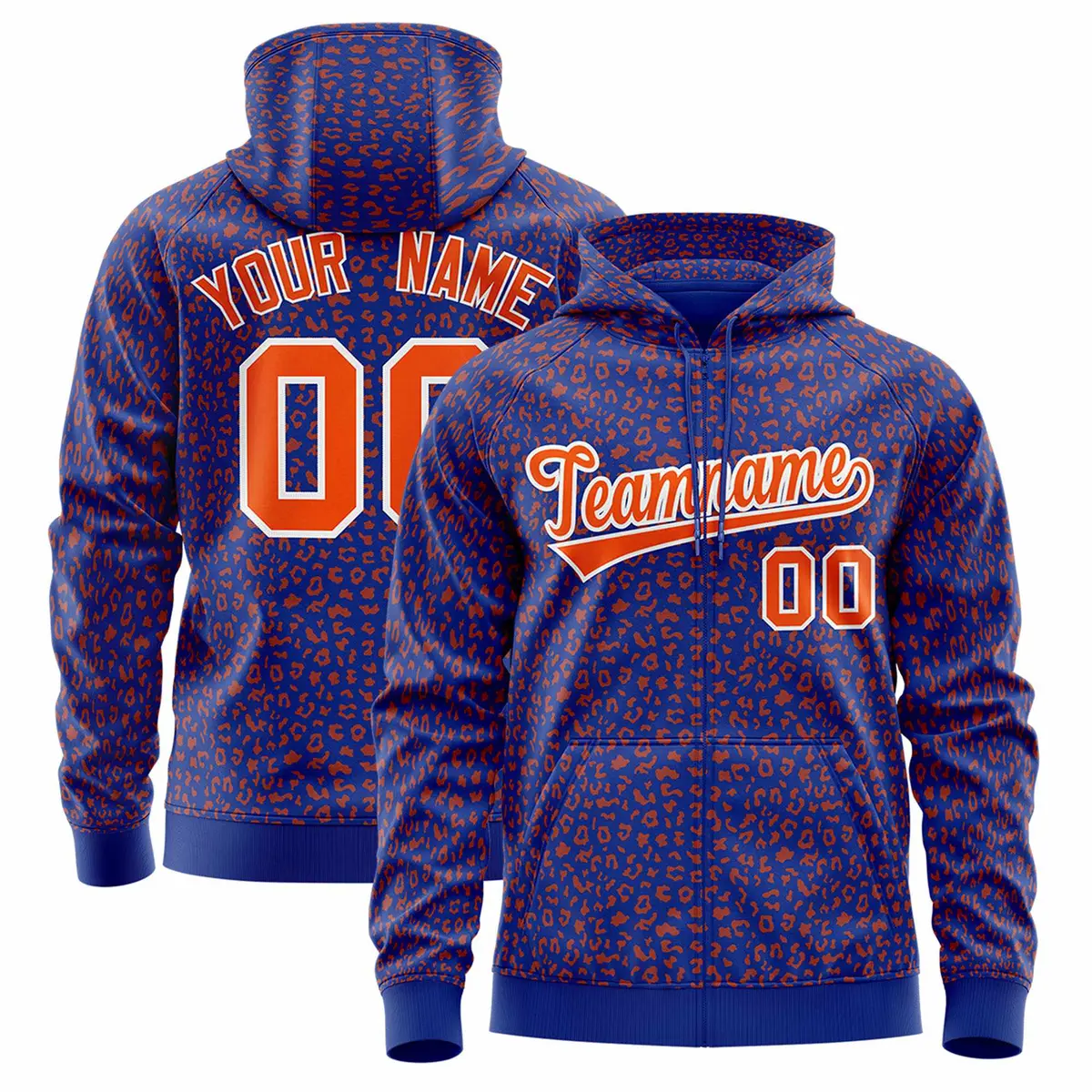 Royal Orange Leopard Print Varsity Full-Zip Letterman Jacket Hoodie