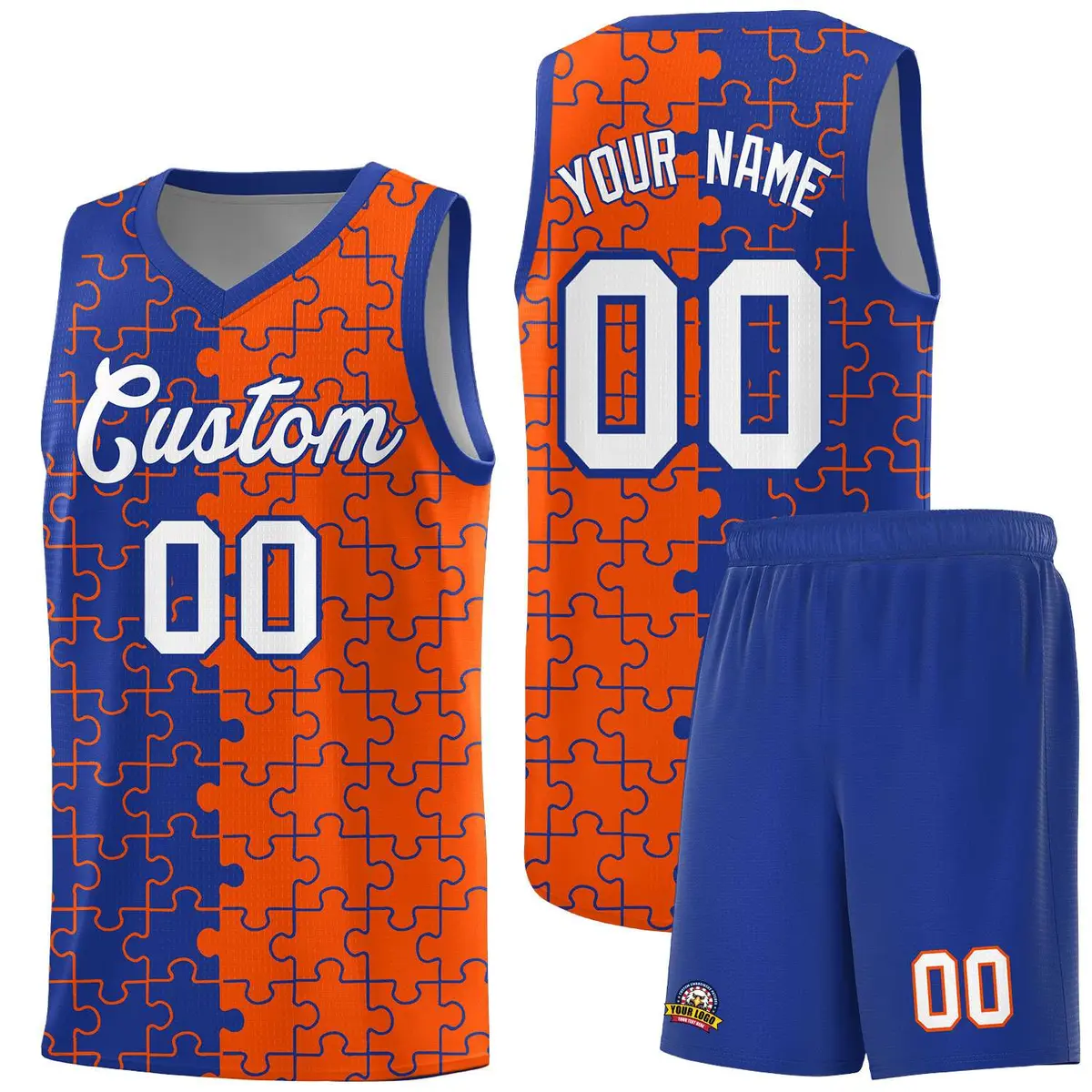 Royal Orange Puzzle Pattern Splid Basketball Kits