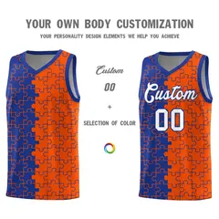 Royal Orange Puzzle Pattern Splid Basketball Kits 3