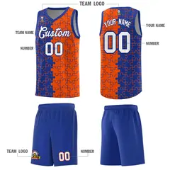Royal Orange Puzzle Pattern Splid Basketball Kits 5