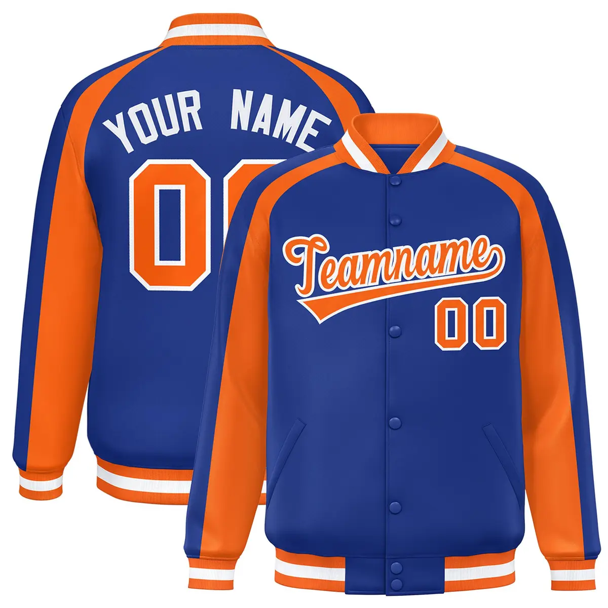 Royal Orange Raglan Color Block Varsity Full-Snap Letterman Jacket