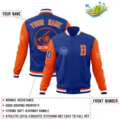 Royal Orange Raglan Full-Snap Varsity Letterman Jacket 4