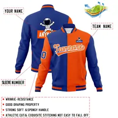 Royal Orange Two Tone Split Full-Snap Letterman Jacket Raglan Sleeves 4