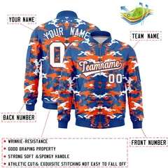 Royal Orange-White Camo Full-Zip Letterman Bomber Jacket 2
