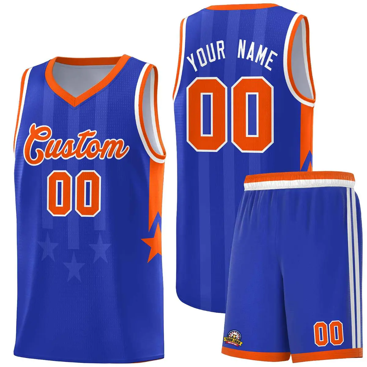 Royal Orange White Gradient Star Graffiti Basketball Jersey