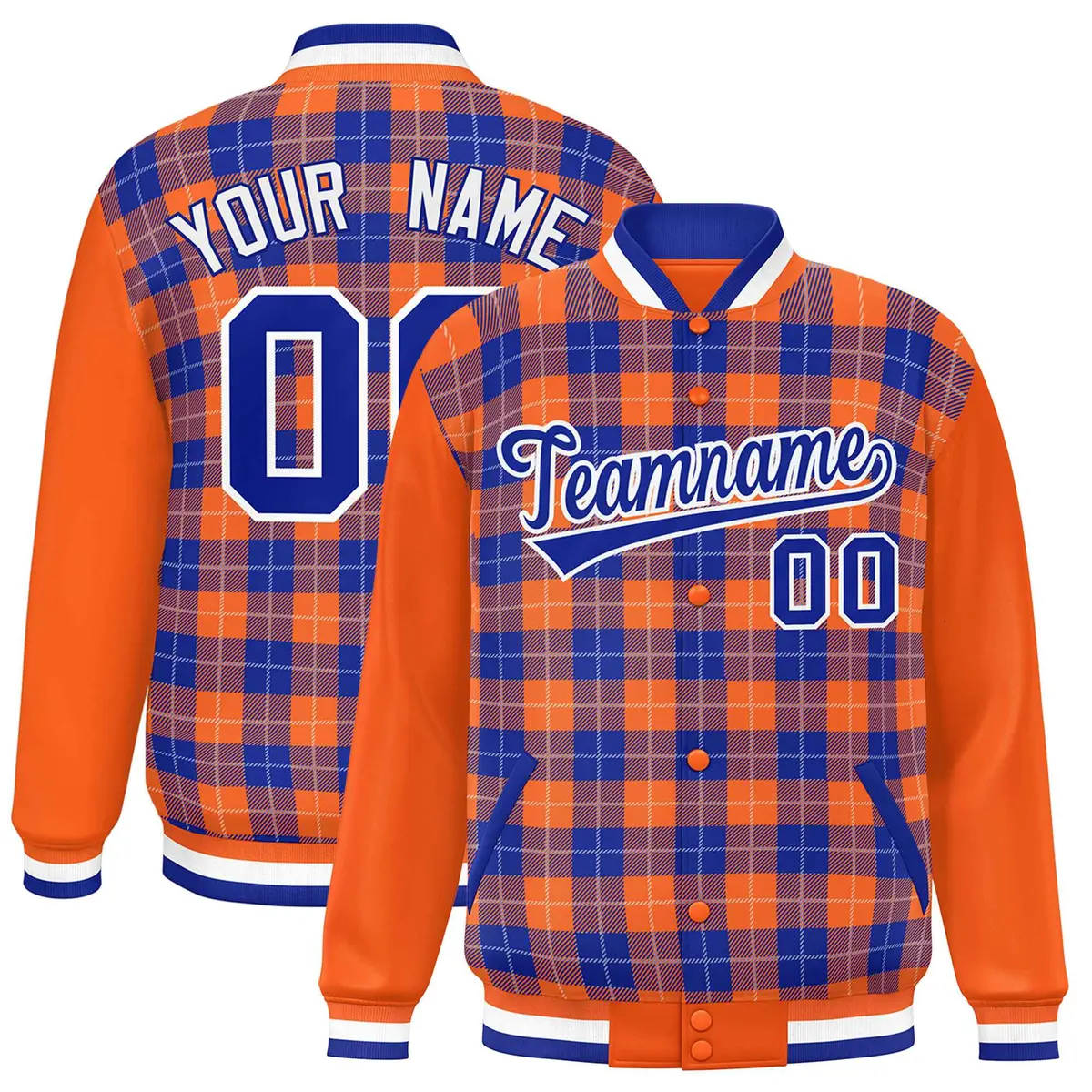 Royal Orange-White Plaid Varsity Full-Snap Letterman Baseball Jacket