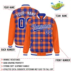 Royal Orange-White Plaid Varsity Full-Snap Letterman Baseball Jacket 2