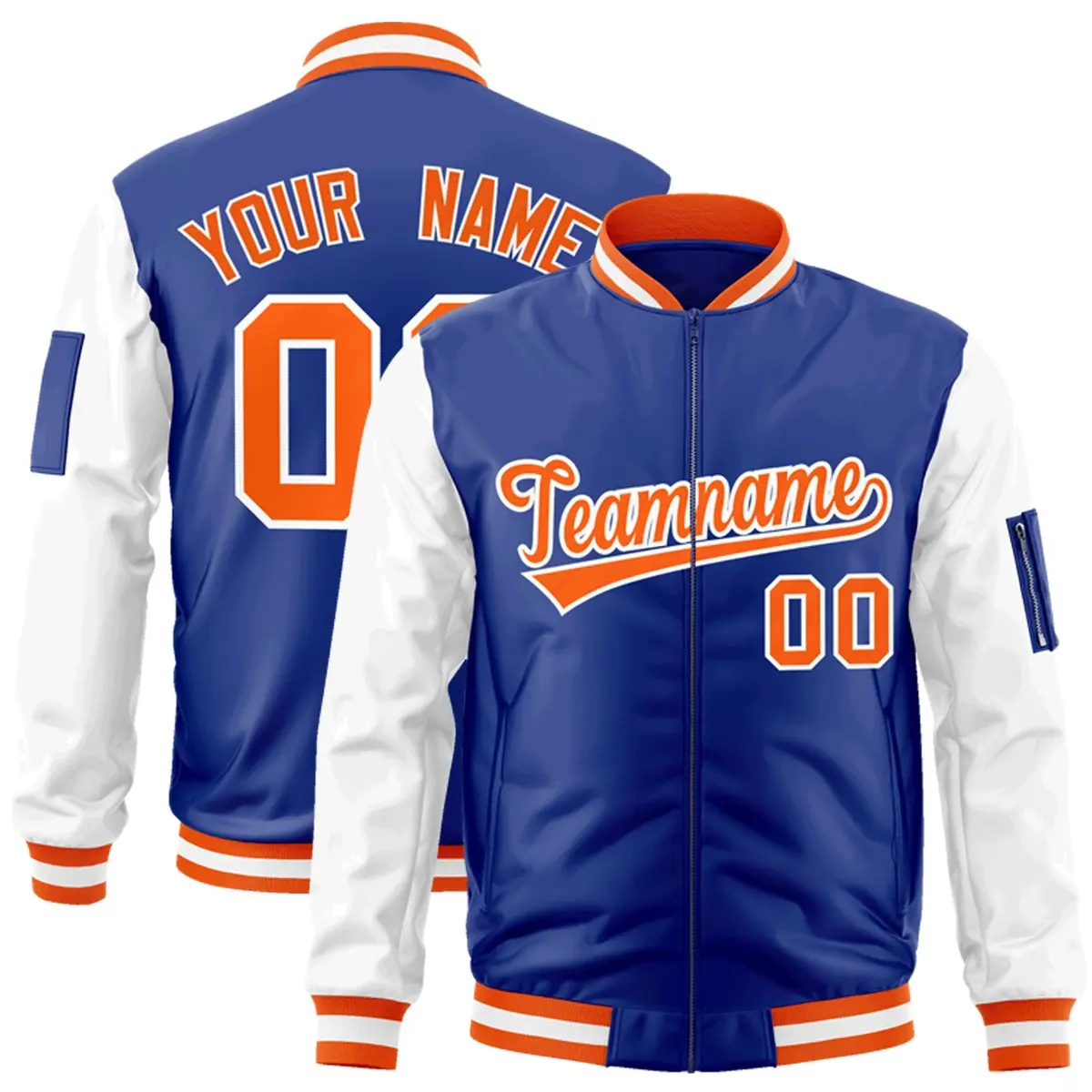 Royal Orange-White Raglan Sleeves Full-Zip Letterman Bomber Jacket