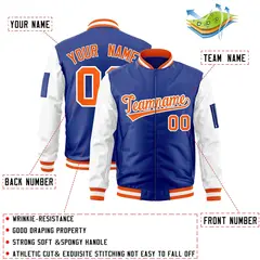 Royal Orange-White Raglan Sleeves Full-Zip Letterman Bomber Jacket 2