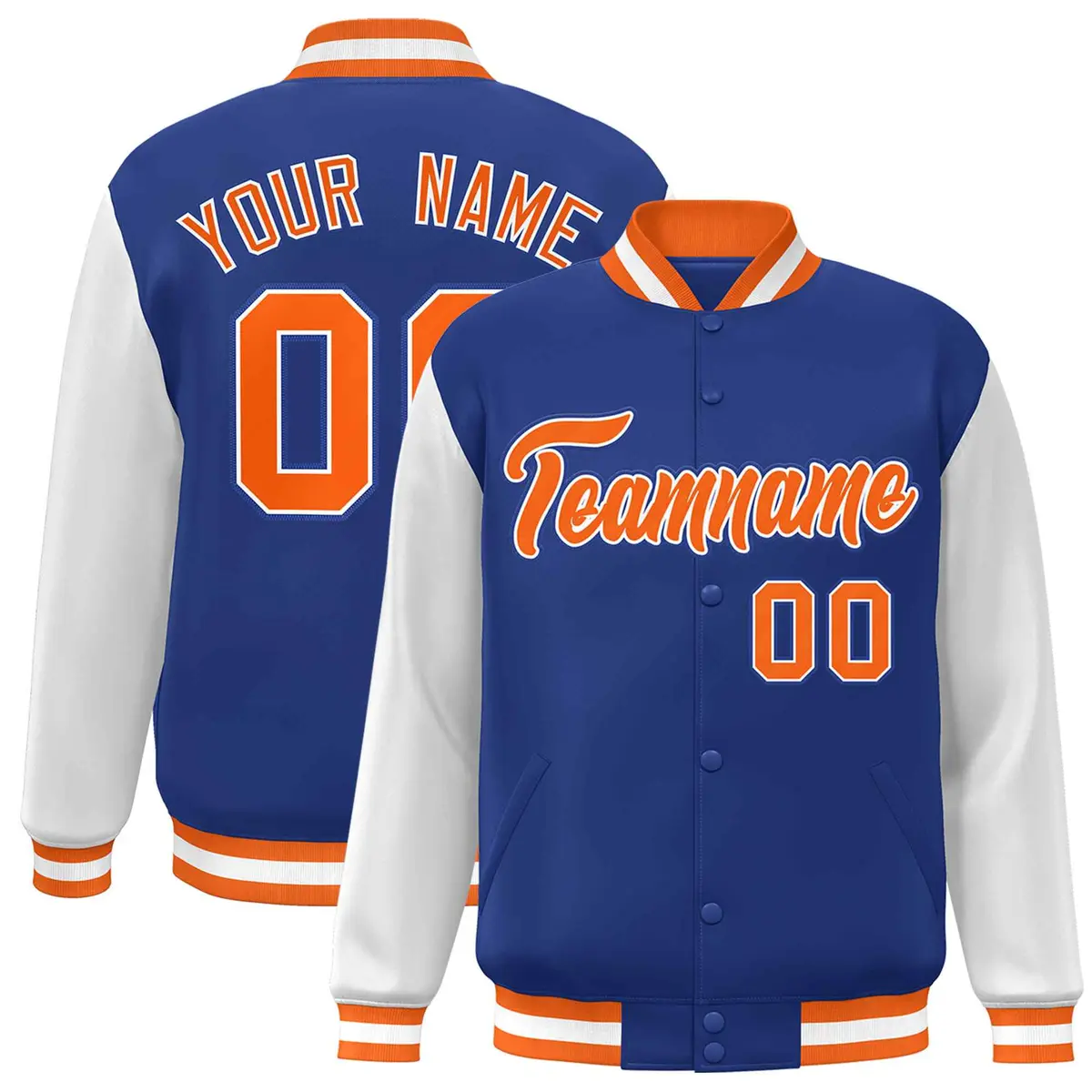 Royal Orange-White Raglan Varsity Full-Snap Letterman Jacket