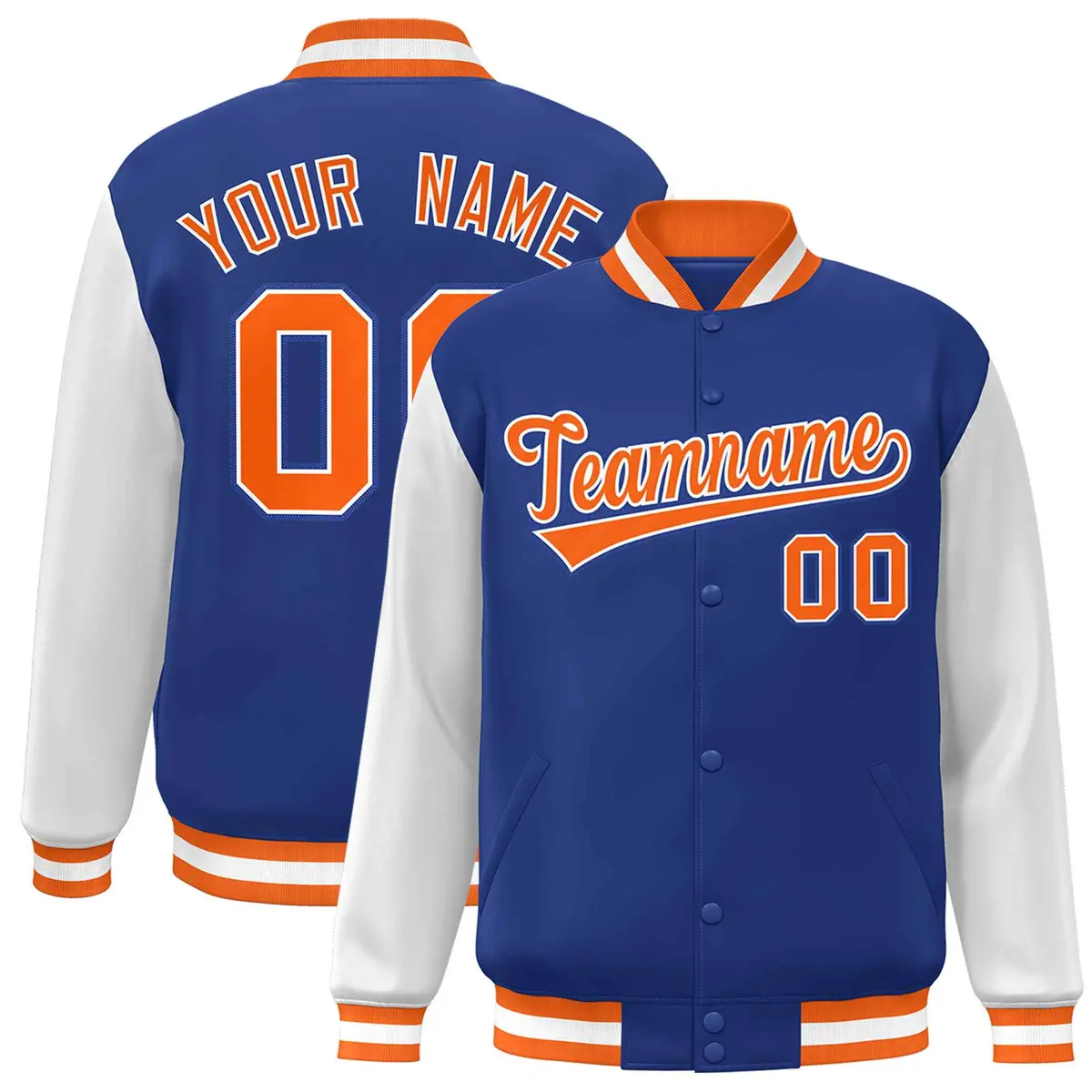 Royal Orange-White Raglan Varsity Full-Snap Letterman Jacket