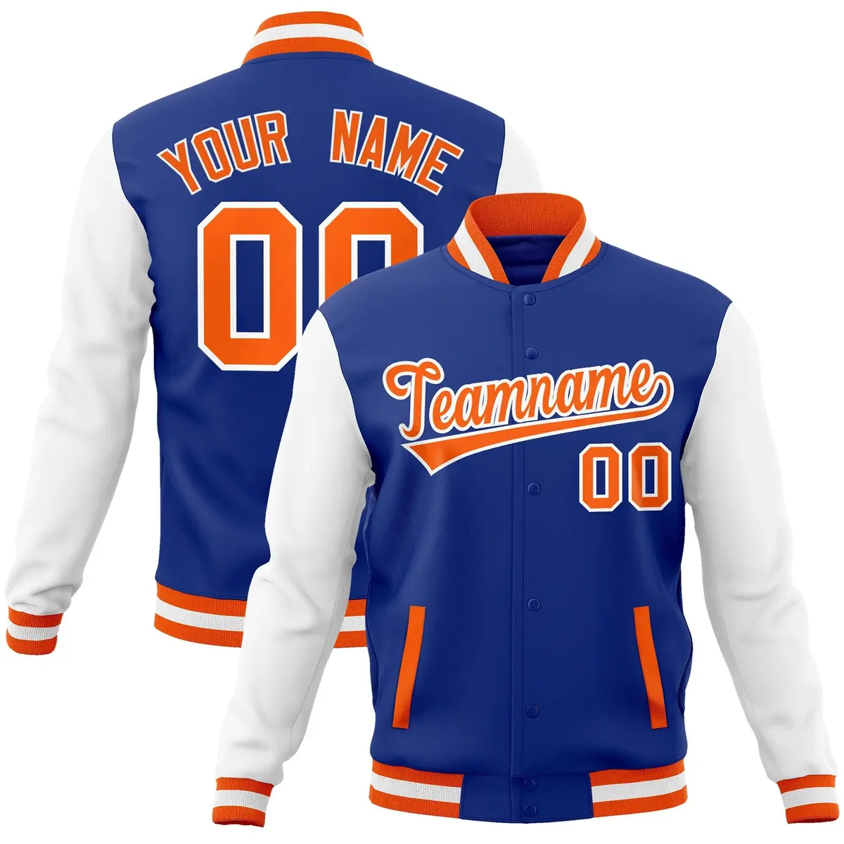 Royal Orange-White Raglan Varsity Full-Snap Letterman Jacket