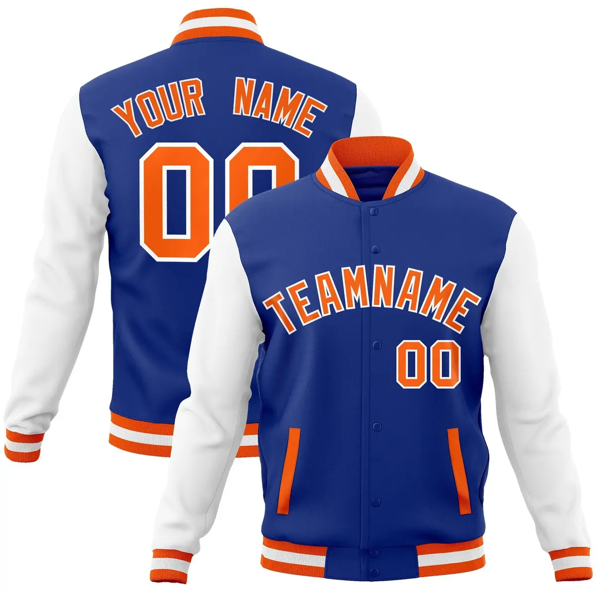 Royal Orange-White Raglan Varsity Full-Snap Letterman Jacket