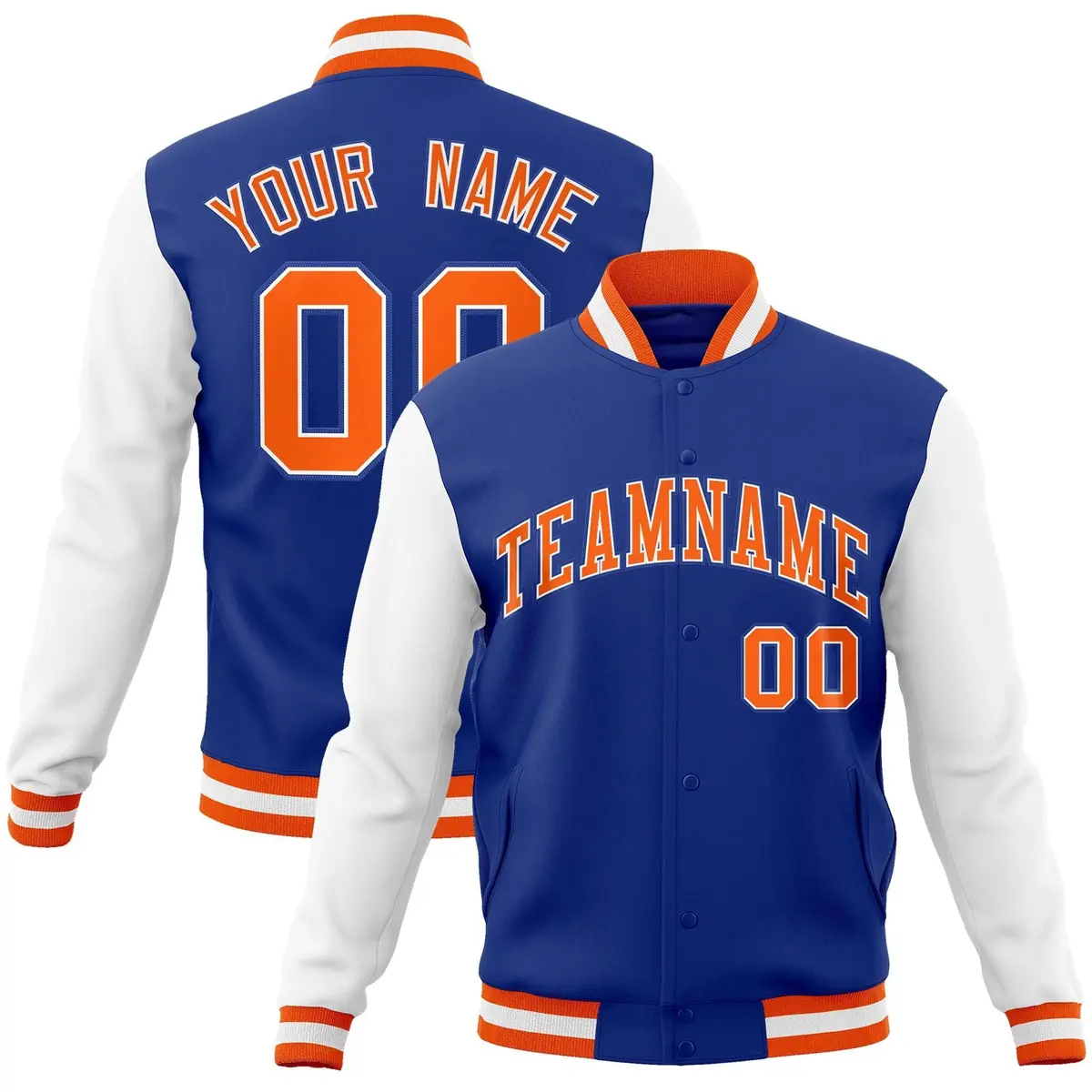 Royal Orange-White Raglan Varsity Full-Snap Letterman Jacket