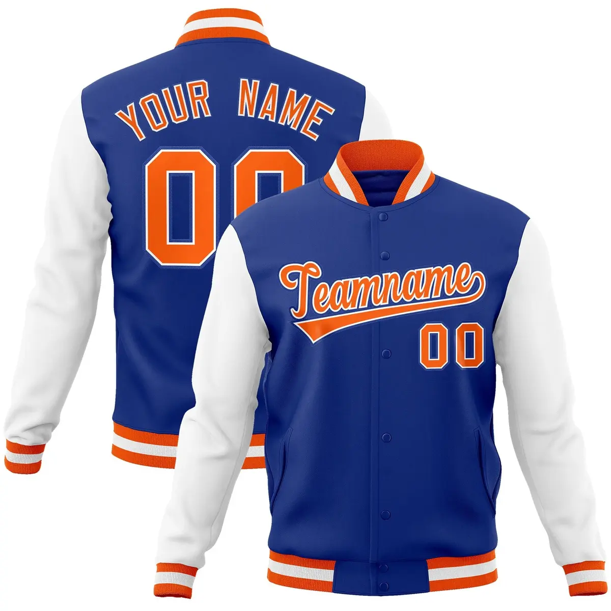 Royal Orange-White Raglan Varsity Full-Snap Letterman Jacket