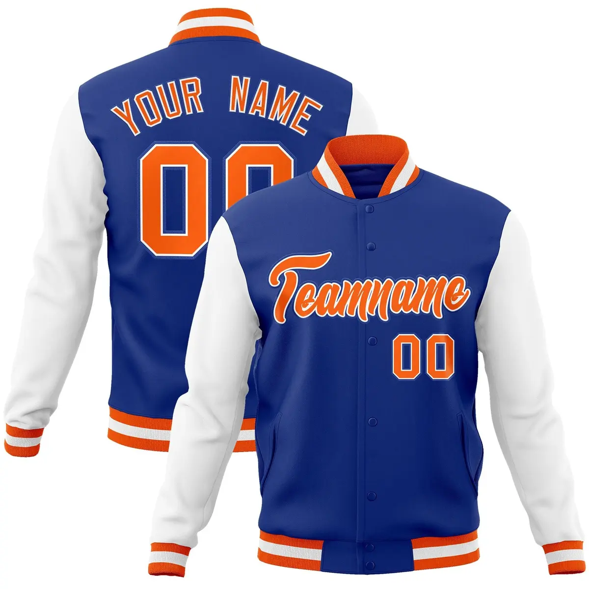 Royal Orange-White Raglan Varsity Full-Snap Letterman Jacket