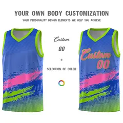 Royal Pink and Neon Green Graffiti Basketball Jersey 3