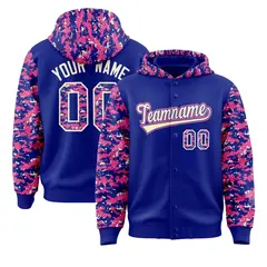 Royal Pink-Cream Camo Raglan Full-Snap Varsity Letterman Hoodie Jacket