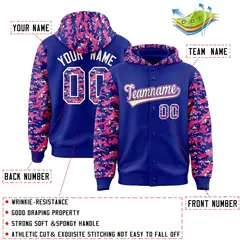 Royal Pink-Cream Camo Raglan Full-Snap Varsity Letterman Hoodie Jacket 4