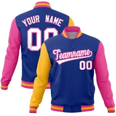 Royal Pink-Gold Full-Snap Raglan Varsity Letterman Jacket