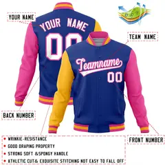 Royal Pink-Gold Full-Snap Raglan Varsity Letterman Jacket 4