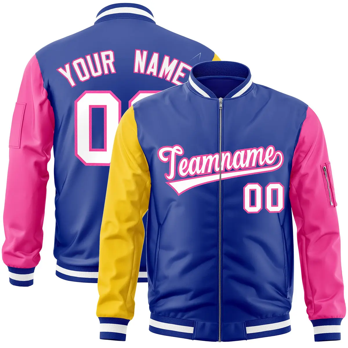 Royal Pink-Gold Varsity Full-Zip Raglan Letterman Bomber Jacket