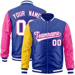 Royal Pink-Gold Varsity Full-Zip Raglan Letterman Bomber Jacket