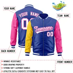Royal Pink-Gold Varsity Full-Zip Raglan Letterman Bomber Jacket 2