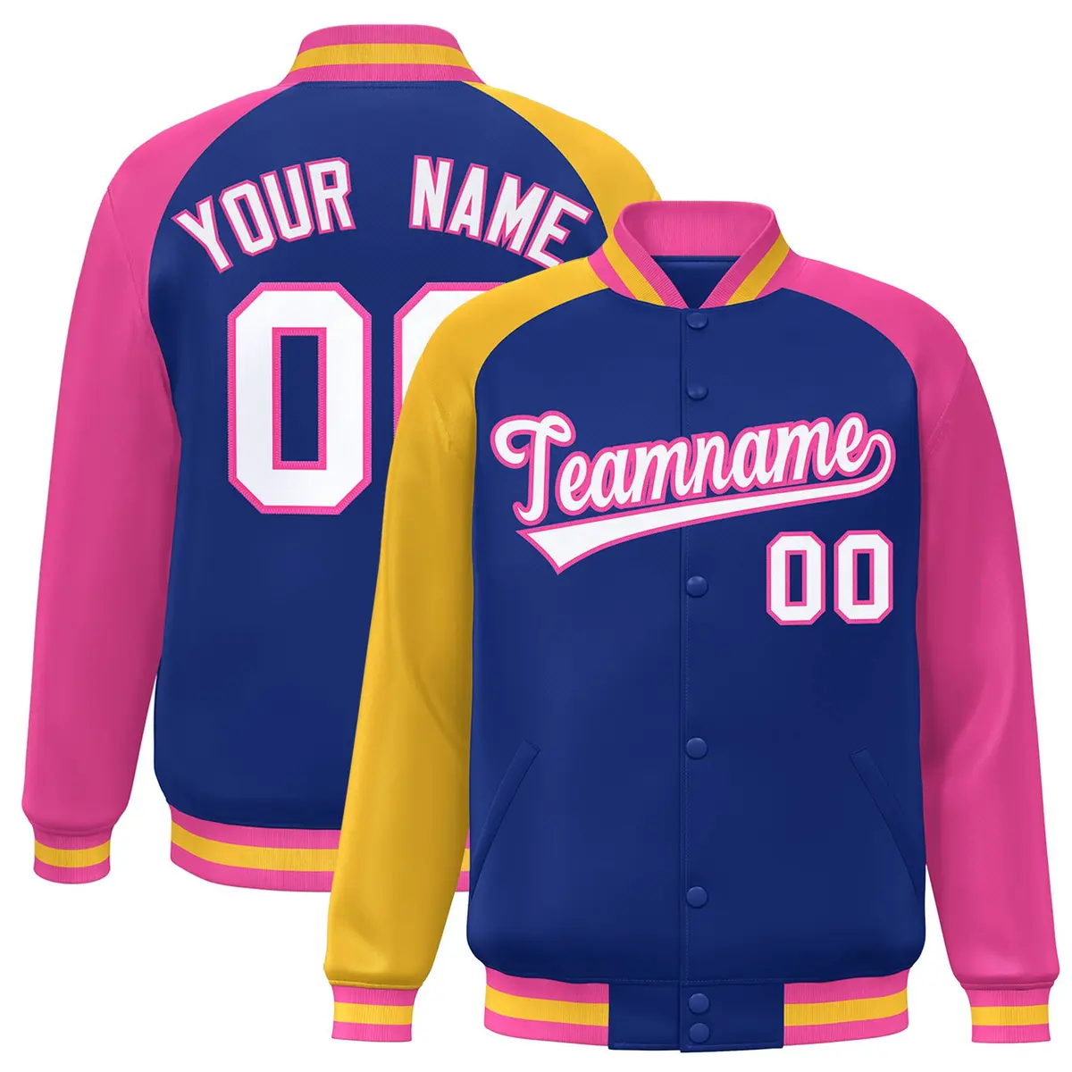 Royal Pink-Gold Varsity Raglan Letterman Bomber Jacket