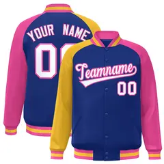 Royal Pink-Gold Varsity Raglan Letterman Bomber Jacket 1