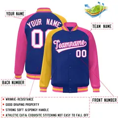 Royal Pink-Gold Varsity Raglan Letterman Bomber Jacket 2
