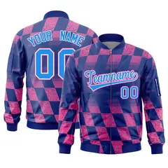 Royal Pink Grid Color Block Letterman Varsity Bomber Jacket
