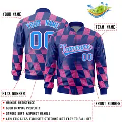 Royal Pink Grid Color Block Letterman Varsity Bomber Jacket 2