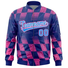 Royal Pink Grid Color Block Letterman Varsity Bomber Jacket 3
