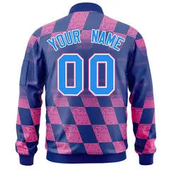Royal Pink Grid Color Block Letterman Varsity Bomber Jacket 4