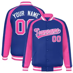 Royal Pink Raglan Color Block Varsity Full-Snap Letterman Jacket