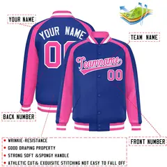 Royal Pink Raglan Color Block Varsity Full-Snap Letterman Jacket 2