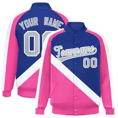 Royal Pink Raglan Full-Snap Letterman Baseball Jacket 1